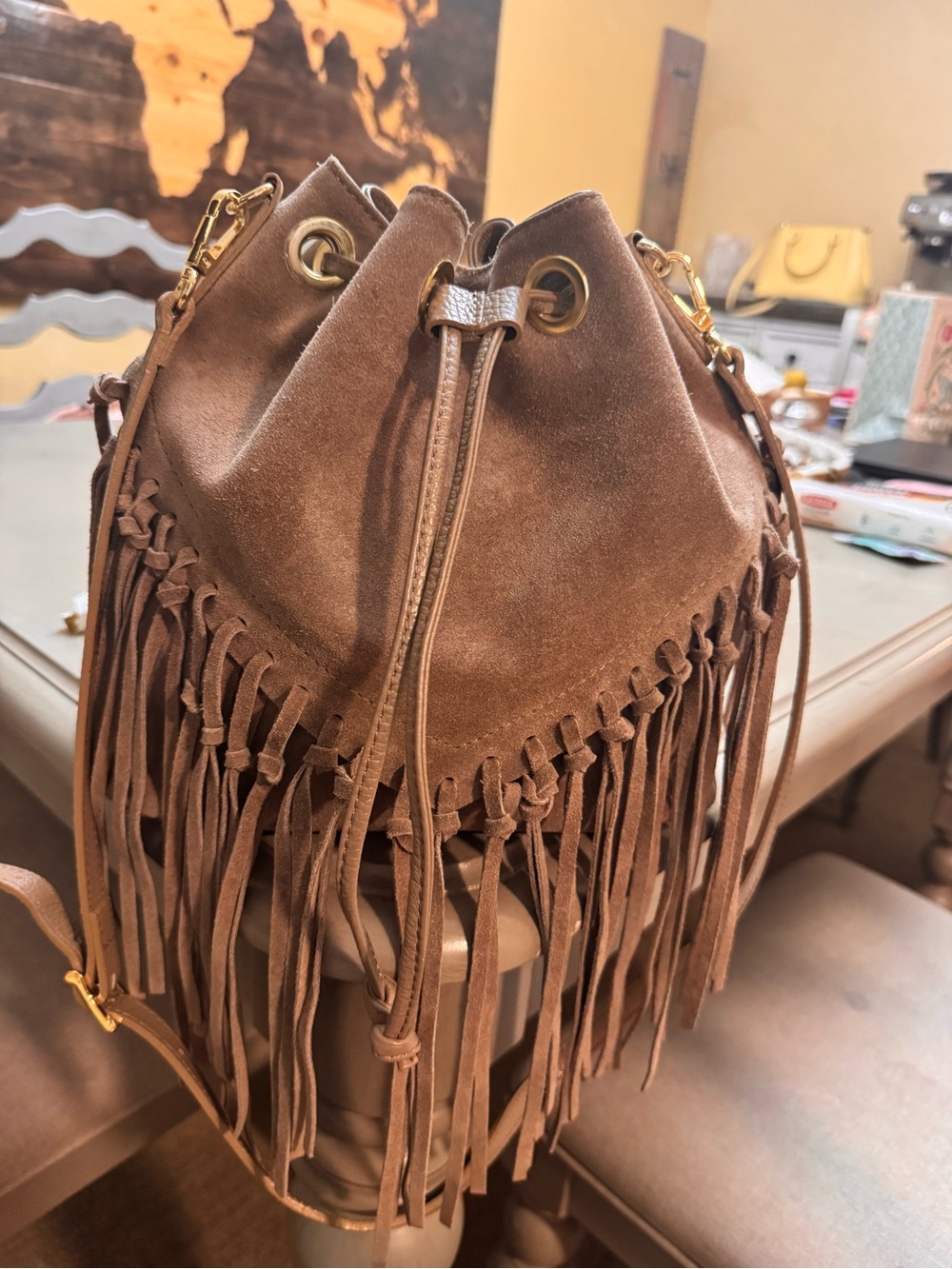 Suede Fringe Crossbody Bucket Bag - Dark Tan EUC